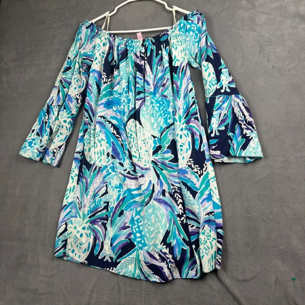 Lilly Pulitzer Blue Purple Pineapple Off Shoulder Bell Sleeve Rayon Dress M - Picture 10 of 10